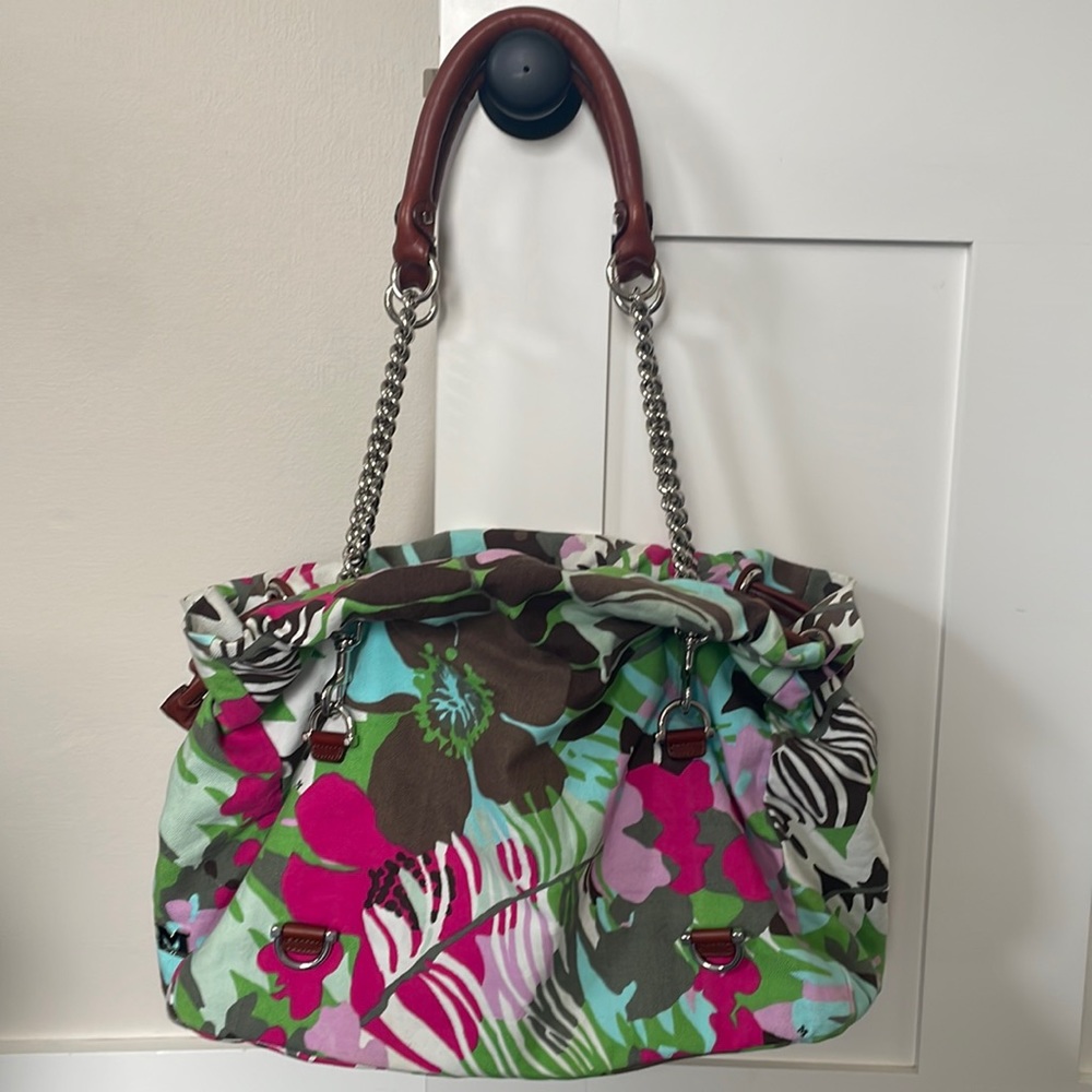 Missoni Floral Multicolor Canvas Tote with Brown Leather Handles